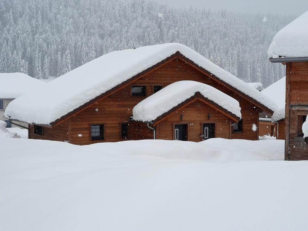 a log cabin with snow on the roof at Snow in Lamoura