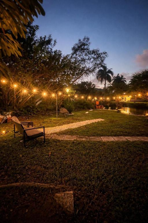 a park bench in a park at night with lights at Riio Shores in Miami