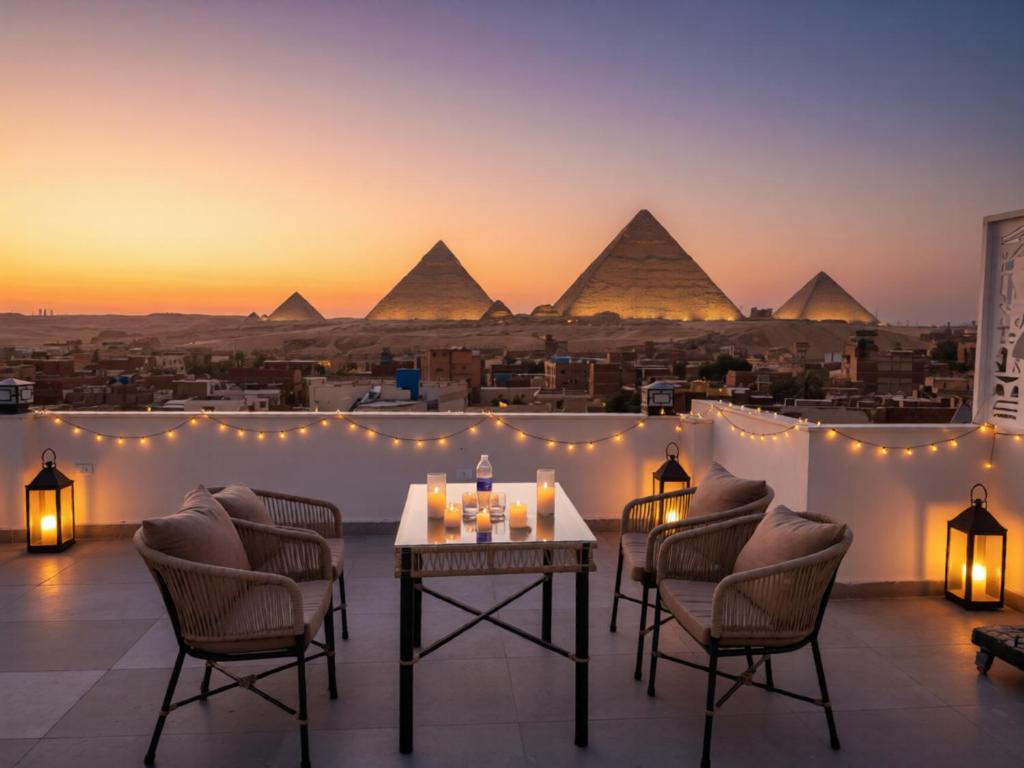 a view of the pyramids from a terrace with a table and chairs at pyramids shadow inn hotel in Cairo