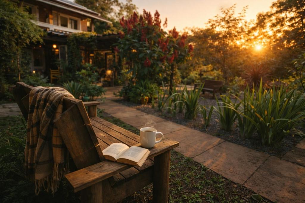 a wooden bench with a book and a cup and a coffee mug at Morada das Bromélias in Torres