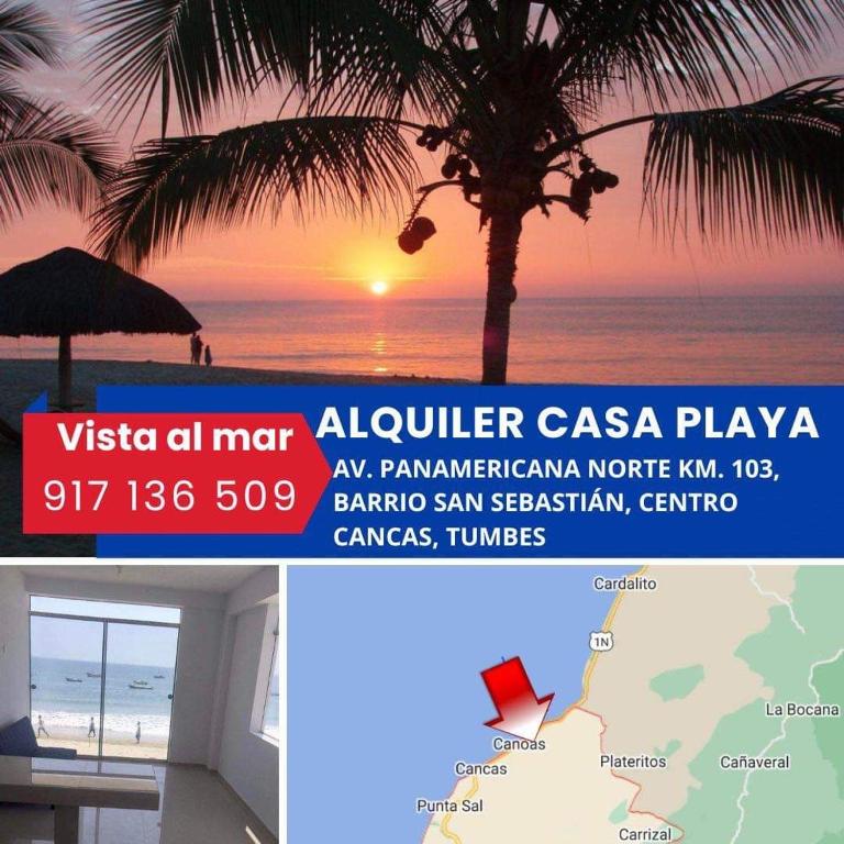 a flyer for a vacation to a beach with a palm tree at OOK Home in Canoas de Punta Sal