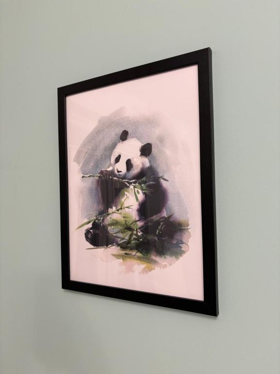 a framed picture of a panda bear eating bamboo at Panda Apartment Plac Solny 4 z klimatyzacją in Głogów
