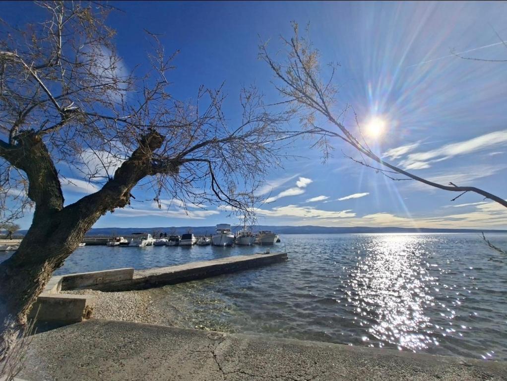 a view of a dock with boats in the water at Apartments Karlo in Omiš