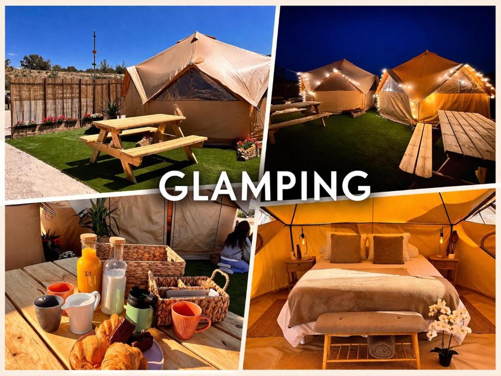 a collage of pictures of a camping tent at Lomas de Balsares in Elche