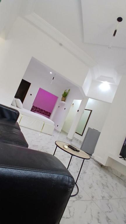 a living room with a couch and a table at Studio de luxe avec jacuzzi in Porto-Novo