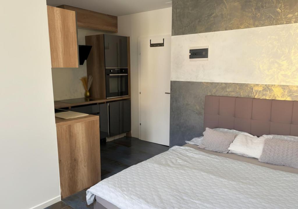 a bedroom with a large bed and a kitchen at Studio lumineux in La Chaux-de-Fonds