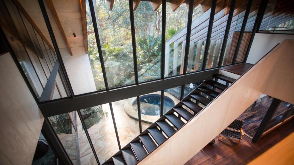 an overhead view of a staircase in a house at Architectual Design, Plunge Pool, Lagoon Frontage in Pearl Beach