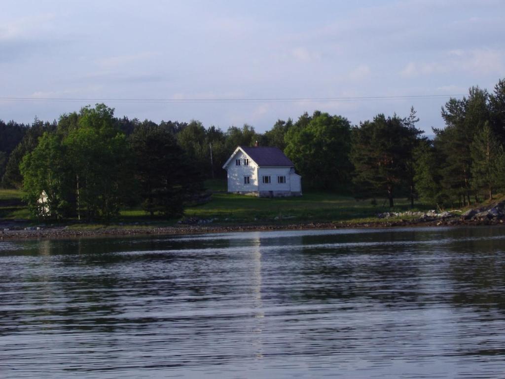a white house on the shore of a body of water at Nernesholmen in Nes