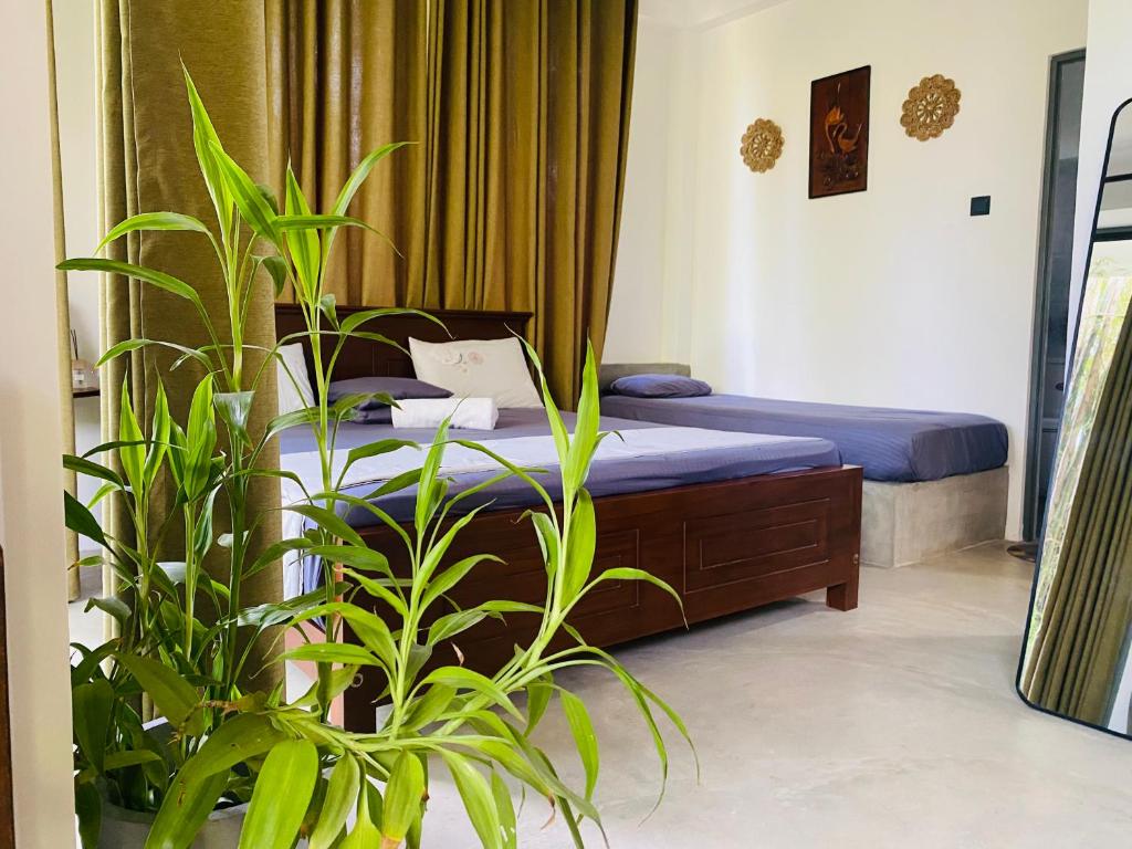 a bedroom with a bed and a plant at Sea Path Villa - Dikwella in Dickwella