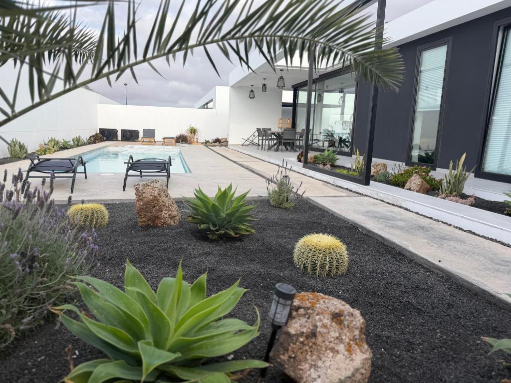 a courtyard with plants and a pool in a house at Stylish and comfortable Villa Anna in Villaverde in Lajares