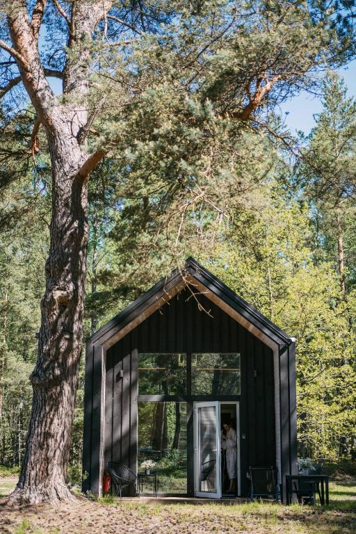 a black tiny house in front of a tree at Liedaga namiņš in Mērsrags