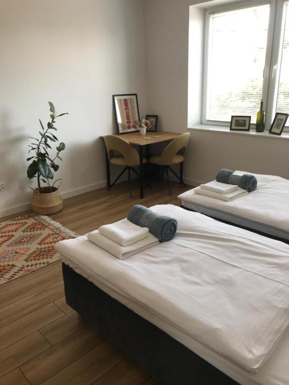two beds in a room with a table and a window at Apartamenty Tarcal in Tarcal