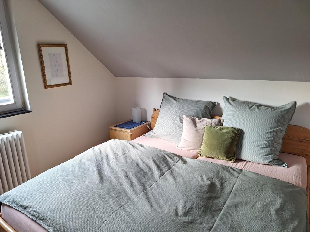ein Schlafzimmer mit einem Bett mit blau-weißen Kissen in der Unterkunft Eselblick in Steinwenden