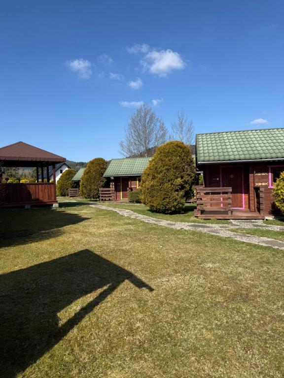 a group of buildings with a grass yard at Trzy Domki Wysowa in Wysowa-Zdrój
