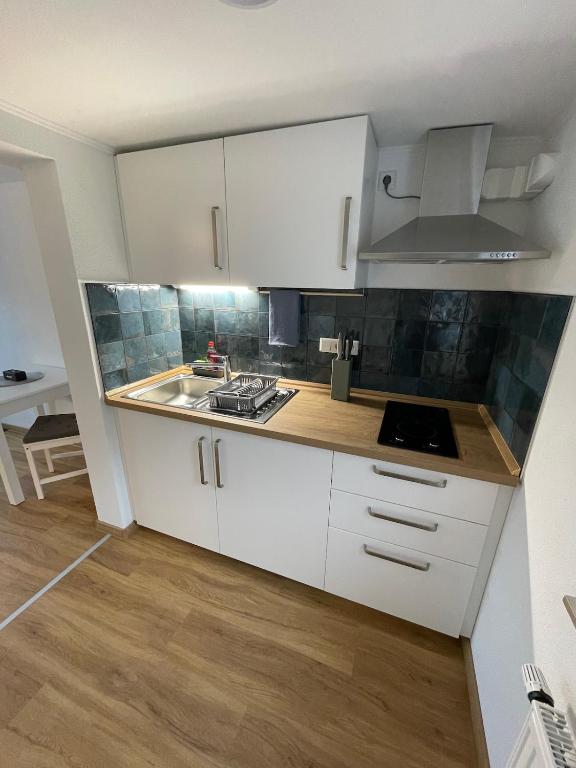 a kitchen with white cabinets and a sink at Bo's 3Eins in Schwäbisch Hall