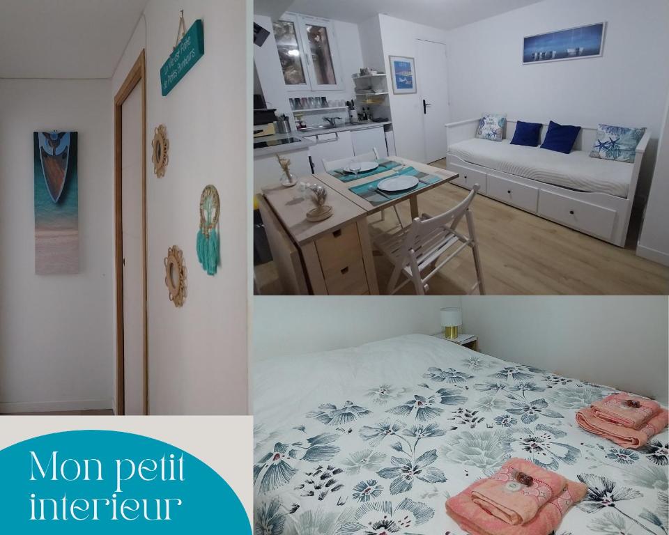 a collage of photos of a room with a bed and a kitchen at Sète Centre ville T2 rénové in Sète