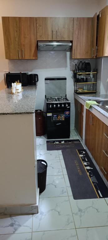 a kitchen with a stove in the middle of it at Zangem Homes in Nairobi