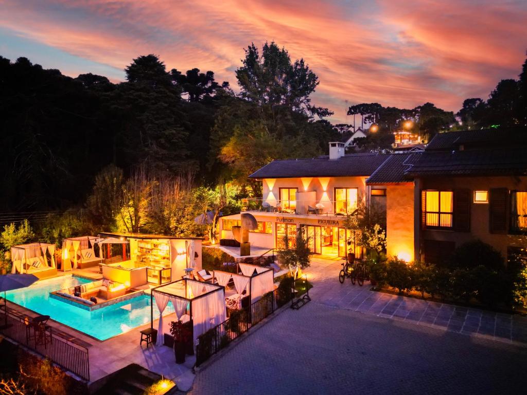 an aerial view of a house with a swimming pool at Pousada Boutique Figueira da Serra in Campos do Jordão