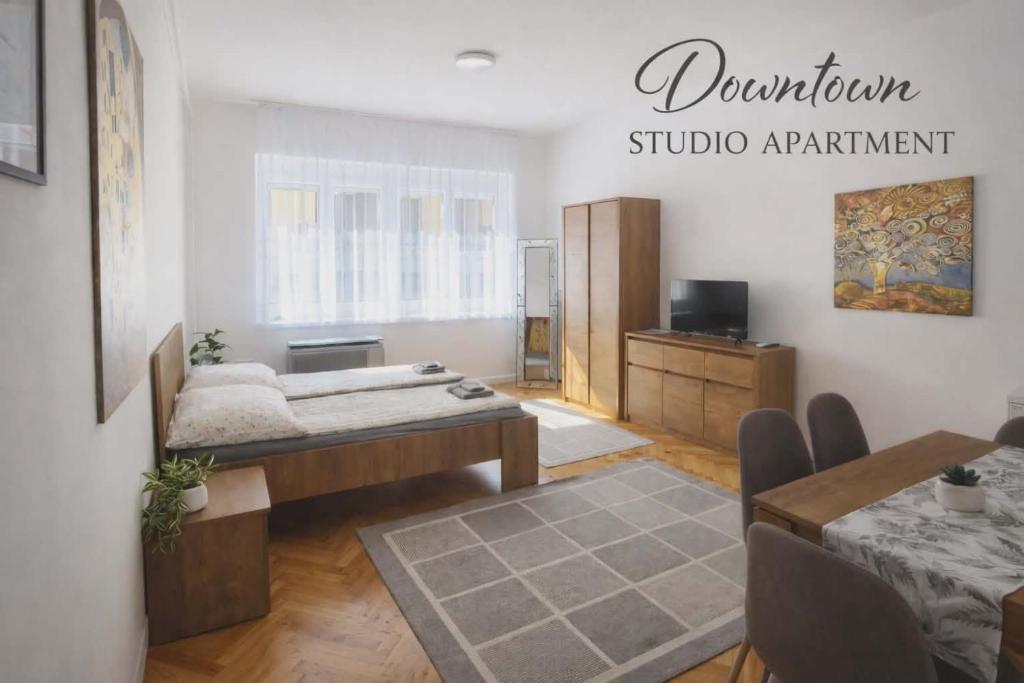a living room with two beds and a table at Downtown Studio Apartman in Pécs