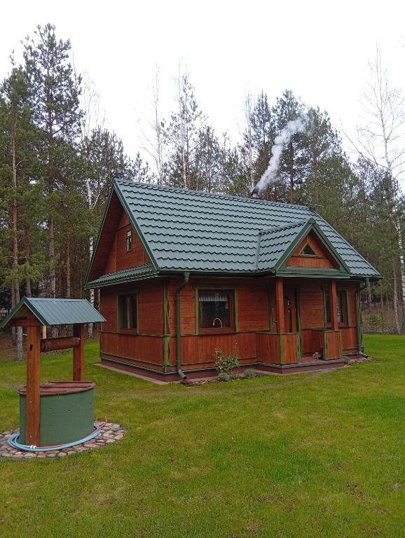 a log cabin with a green roof in the grass at Podlaska Chatka Dziadka in Ciwoniuki