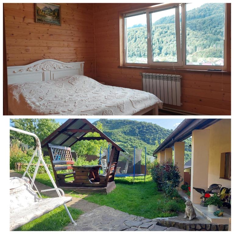 two pictures of a bedroom with a bed and a chair at У Інни in Mizhhirya