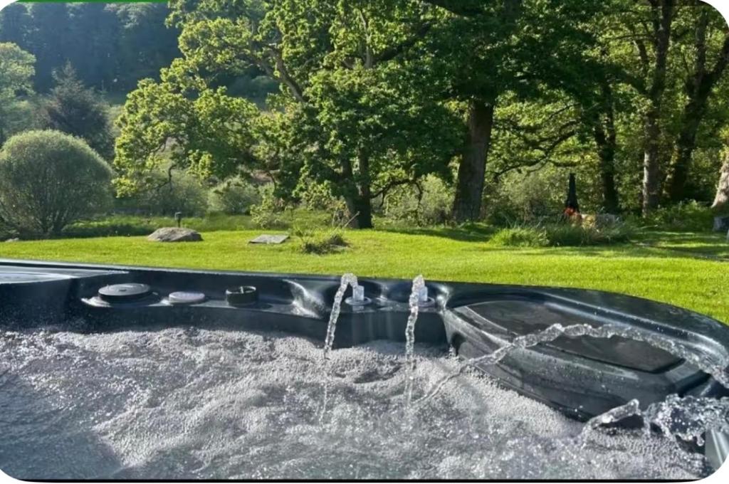 a bath tub filled with water in a park at Stunning country home with private wellness Spa in Strachur