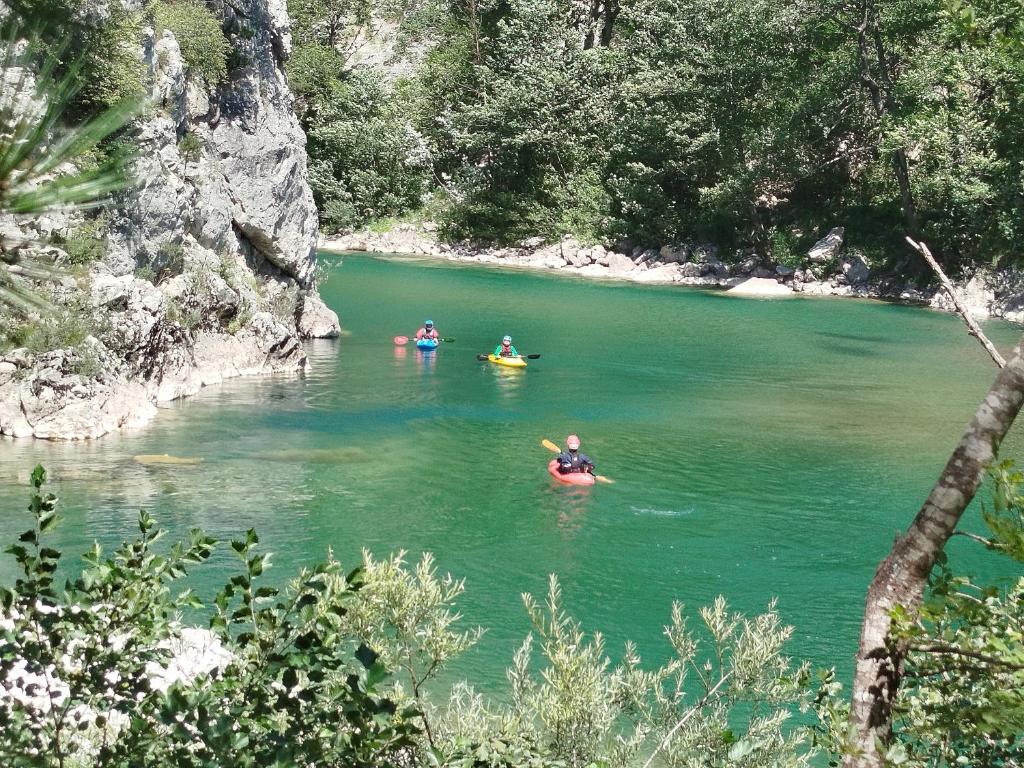 a group of people kayaking on a river at Vikendica Bistrica in Mojkovac
