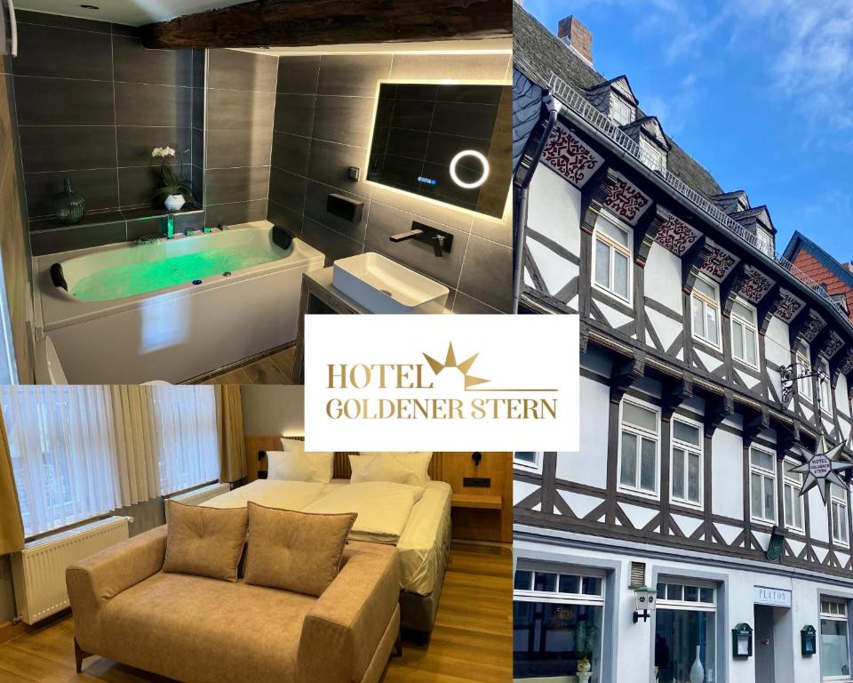a collage of pictures of a hotel with a building at Goldener Stern in Goslar