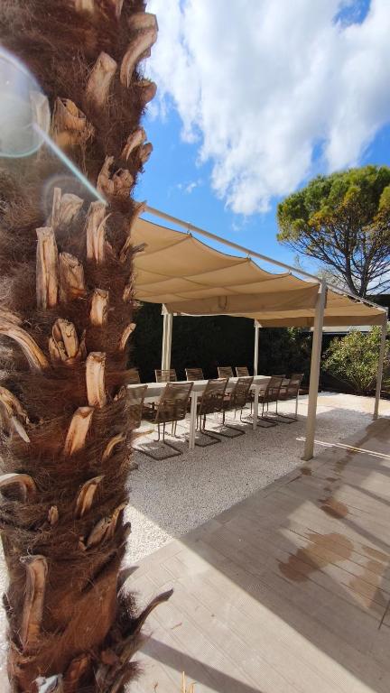 a group of tables and chairs under a canopy at L Atelier du zoo in Sablons