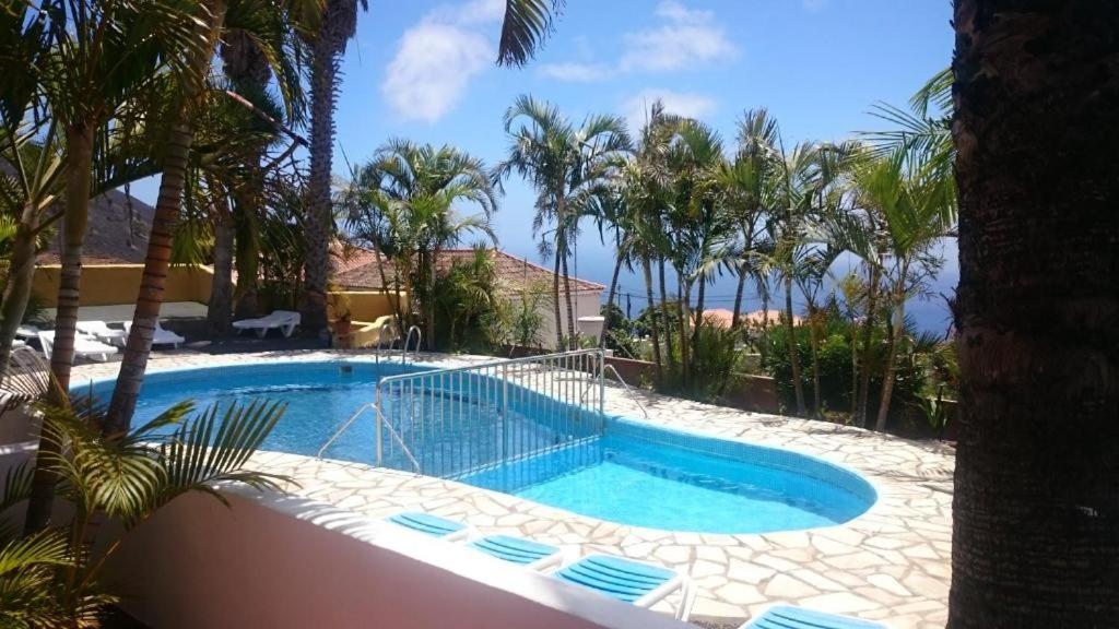 a swimming pool in a resort with palm trees at Apartamentos Finca Colon in Los Quemados