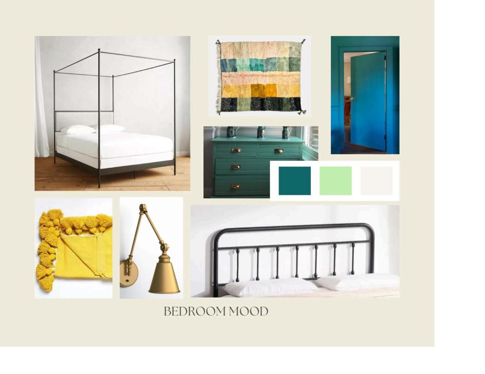 a collage of photos of a bedroom with blue and green at Monticello Inn & Cottage in Scottsville