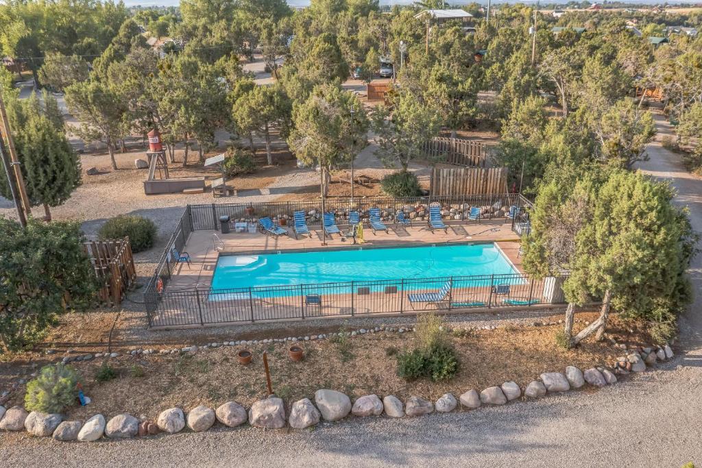 an overhead view of a swimming pool at a resort at Durango RV Resort in Durango
