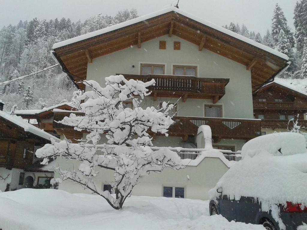 dom pokryty śniegiem z drzewem przed nim w obiekcie Ferienwohnung Rauch w mieście Schwendau