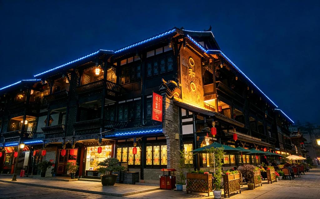 a building with a clock on the side of it at Buddha Zen Hotel in Chengdu
