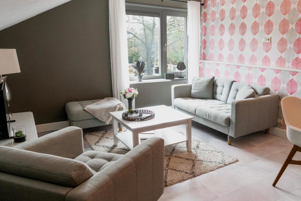 a living room with two couches and a table at OP ZESTIEN in Hippolytushoef