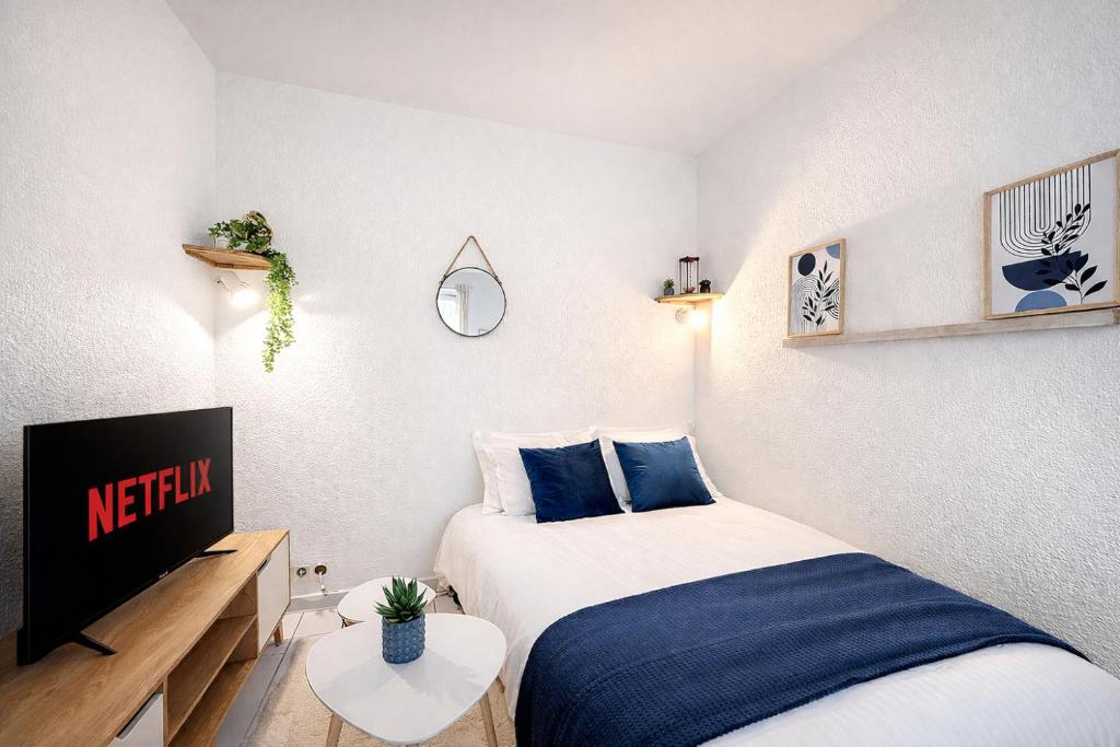 a small bedroom with a bed and a tv at l'Azur Viennois in Vienne