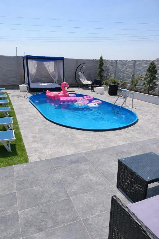 a swimming pool with a pink flamingo in a backyard at Casa Party in Fîntînele
