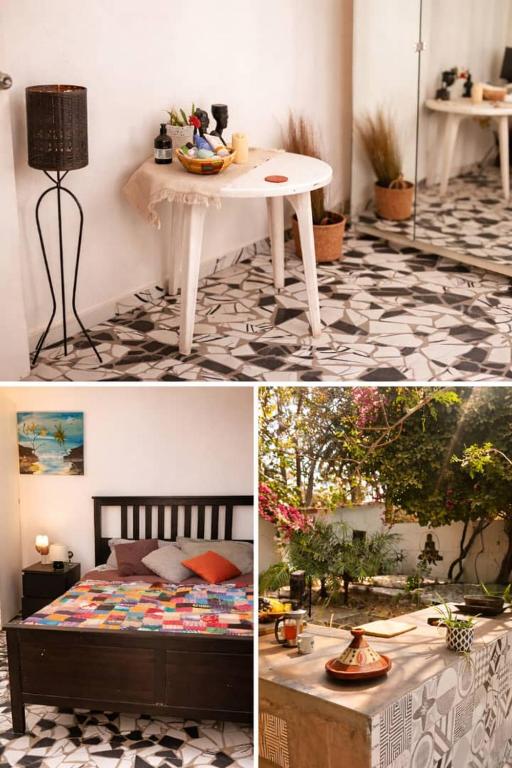 two pictures of a room with a bed and a table at Arijaana Guesthouse in Gunjur