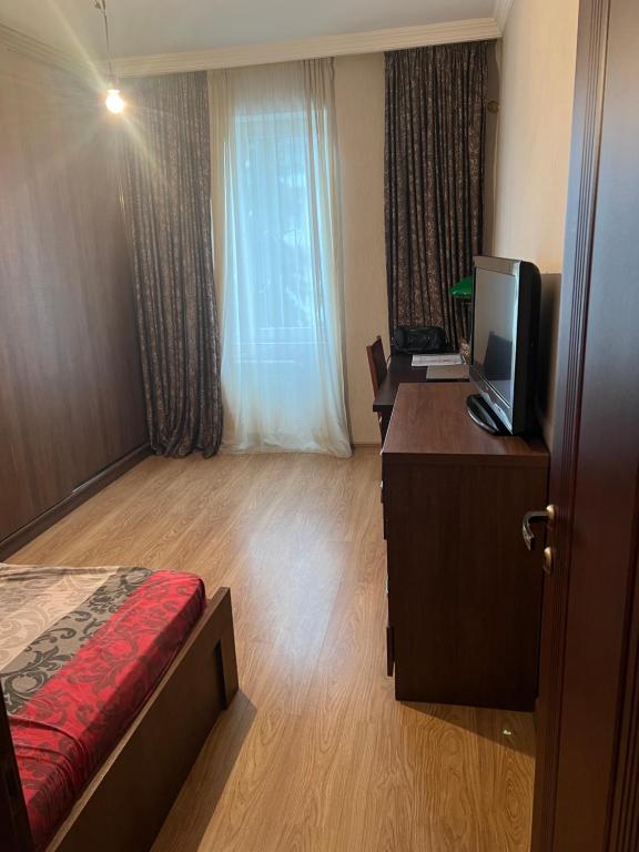 a room with a bed and a desk with a television at Big Flat in Tbilisi City