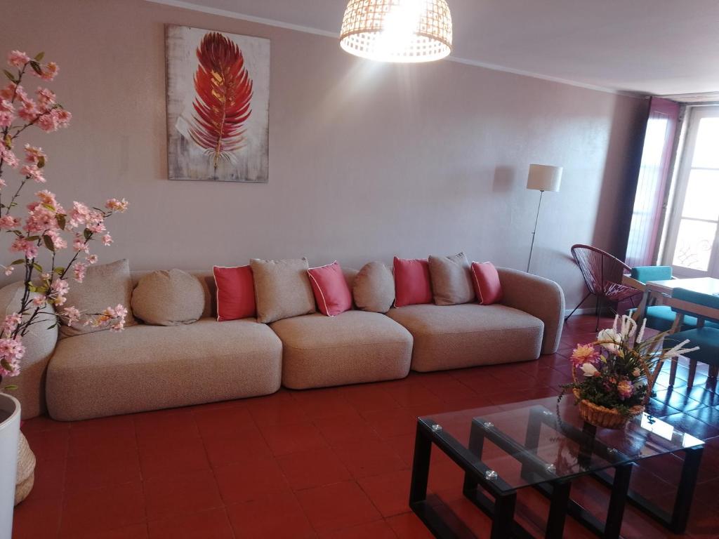 a living room with a couch and a table at Muralha da Barca Apartamentos -Fique no centro do Porto junto a ponte D-Luis IRNAL nº13939 Al,5848 Al, 6419 AL-Chamada para a rede móvel nacional in Porto