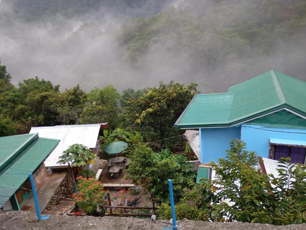 a blue building with a green roof and a mountain at Joan's All Seasons Homestay in Taccon