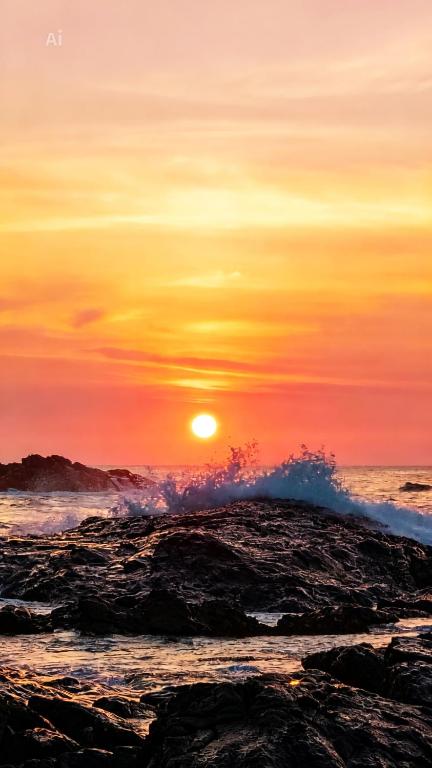 a sunset over the ocean with rocks at Happybeach Sea view Cabin restaurant & beach bar in Tangalle