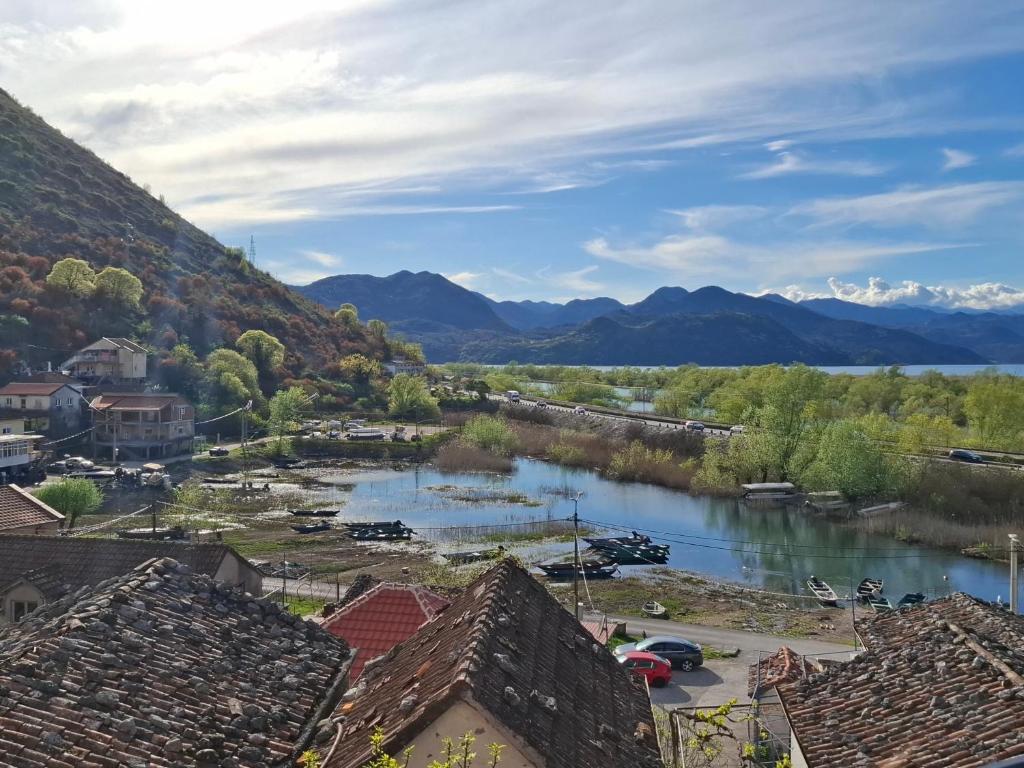 a view of a river with mountains in the background at Lake View Terrace Apartment Dapcevic in Vranjina
