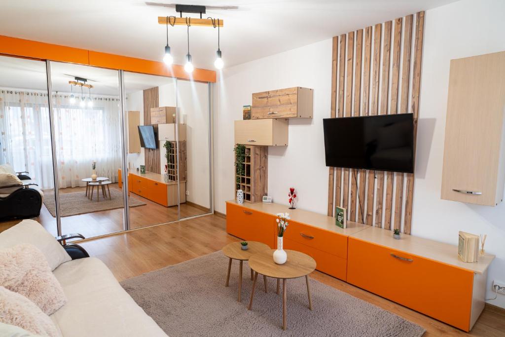 a living room with a couch and a tv at Mirror Loft - Coresi District in Braşov