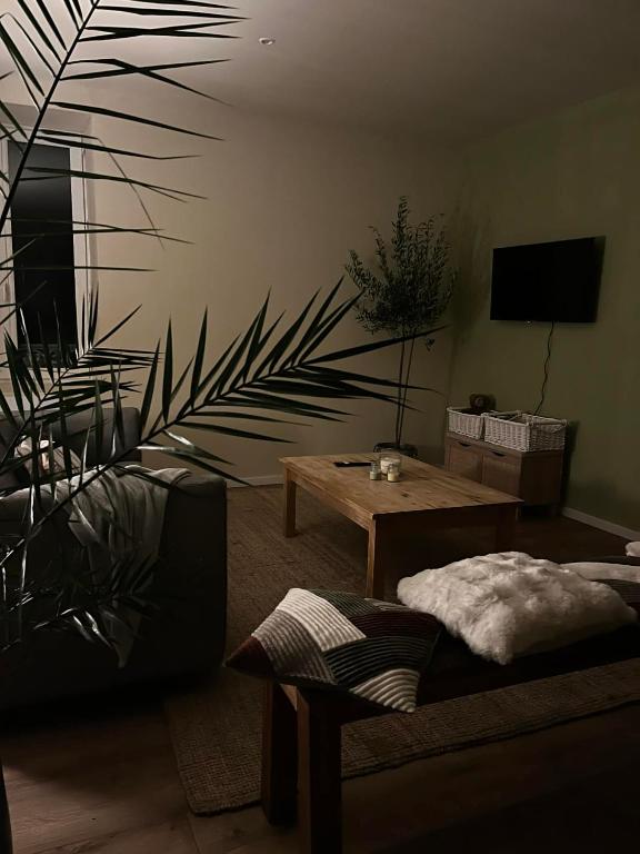 a living room with a table and a plant at Cercy in Cercy-la-Tour