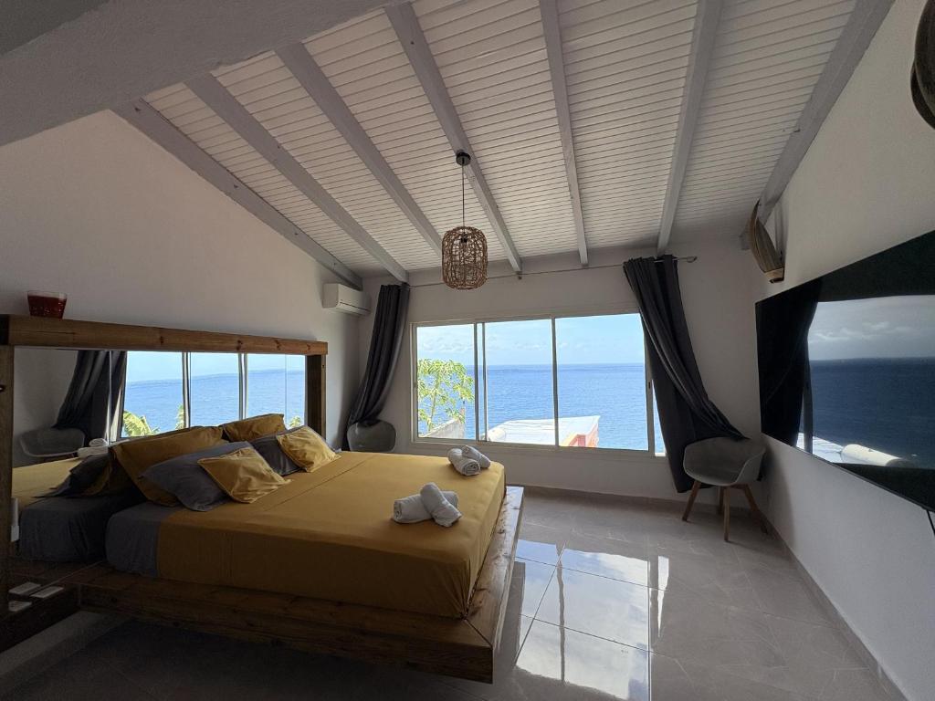 a bedroom with a bed with a view of the ocean at Les Terrasses du Fort in Basse-Terre