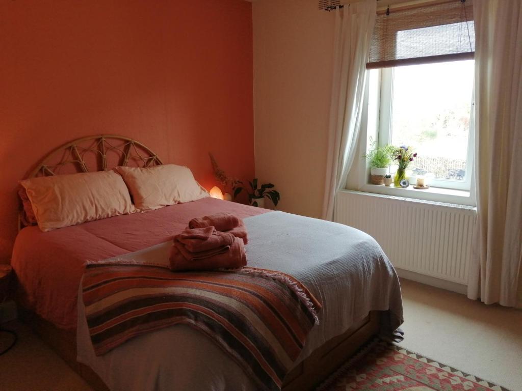 a teddy bear laying on a bed in a bedroom at Cozy Homestay in Rothesay