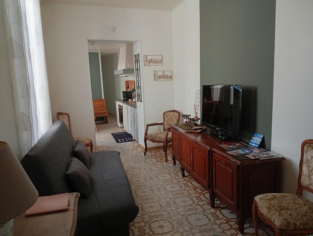 a living room with a couch and a tv at L'immeuble de Didier et Fabien in Guînes