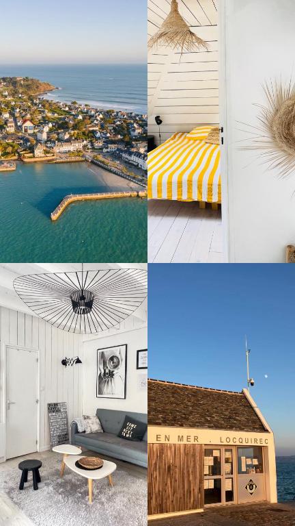 a collage of four pictures of a house at White and Sea Lodge in Locquirec