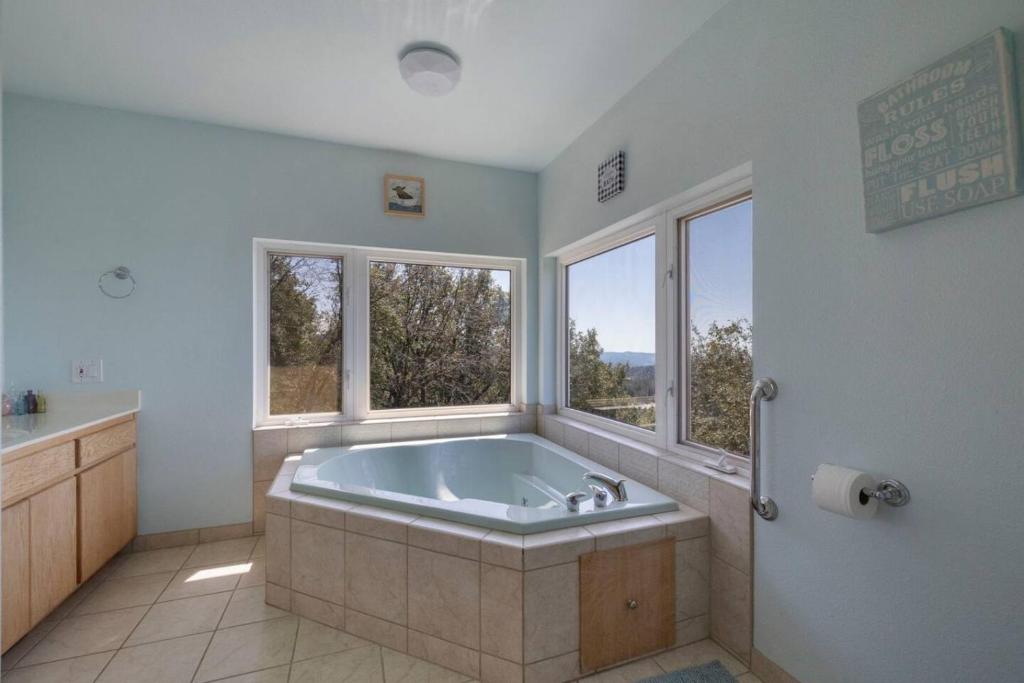 a large bathroom with a tub and two windows at Hidden Views Cabin in Twain Harte